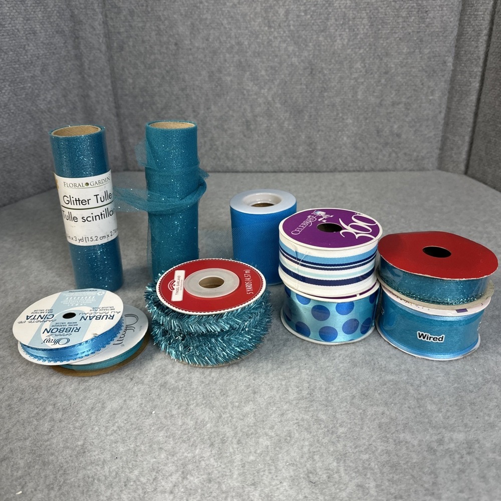 Lot Of 10 Ribbon And Tulle Blues Turquoise Wired/Non New/Used